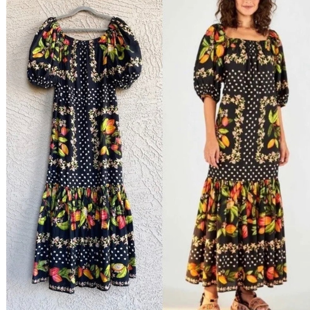 FARM RIO ANTHROPOLOGIE Multicolor Tropical Fruit Printed Puff Sleeve Maxi Dress - Picture 1 of 3